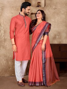 La mejor combinación de colores, aspecto liso y elegante, tela de seda pura, Sastre, sirvienta, hermosa colección Kurta & Saree para ropa de pareja - Product Image 2