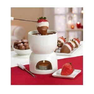 Authentique service à fondue en céramique fait à la main avec pot élégant, fourchettes en acier inoxydable et réchauffeur, parfait pour le dessert au fromage et au chocolat - Product Image 2