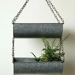 Pot de fleurs suspendu à double seau galvanisé avec chaîne Panier de jardinière suspendu à balcon pour jardin intérieur et extérieur - Product Image 1
