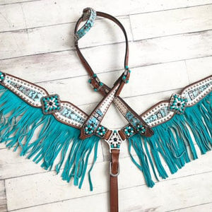 Arctic Design Teal Fringe Tack set Headstall Collier de poitrine en cuir véritable léger perlé saisonnier Horse Ridding Equipements - Product Image 1