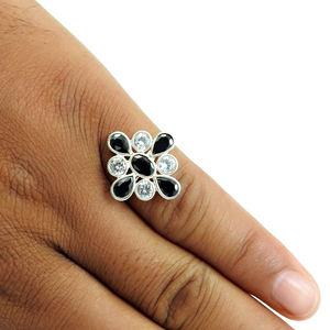 Dainty Engagement Ring for Her 925 Sterling Silver Black White Cubic Zirconia <b>Flower</b> Shape Ring Handmade Jewelry Bulk Suppliers - Product Image 2