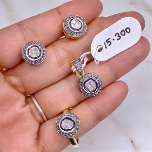 Ensemble de bijoux en argent 925 plaqué or avec diamants Polki faits à la main, de belle qualité, cadeau de mariage - Product Image 2