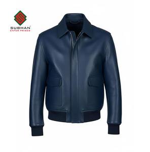 Veste en cuir bleu aviateur à motif en peau de mouton pour homme |   Cuir de mouton fait main |   Vêtement d'extérieur vintage A-2 |   Cadeau pour lui - Product Image 1
