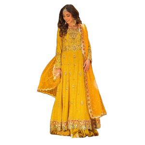 Vestido largo amarillo Salwar Kameez de gasa, traje de diseñador paquistaní, ropa de boda, Colección Eid, venta, 2023 - Product Image 1