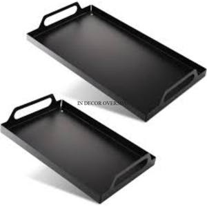 Bandeja decorativa y de servicio de forma ovalada de metal resistente con recubrimiento en polvo de color negro con asas de diseñador de asta chapadas en oro - Product Image 6