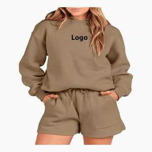 Ensemble short et sweat à capuche oversize pour femme, décontracté, en coton mélangé doux et respirant, coupe régulière, uni, longueur genou, tenue estivale urbaine - Product Image 5