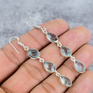 925พลอยโทแพซสีฟ้าสามเม็ดรูปลูกแพร์ต่างหูห้อยเงินสเตอร์ลิงสำหรับผู้หญิงต่างหูแฮนด์เมดสวยงามของขวัญสำหรับเธอ - Product Image 4