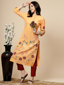 Ensemble Kurti et pantalon pour femme, style été tendance, orange et marron, belle broderie, 100% coton, manches longues, col mandarin, coupe droite - Product Image 5