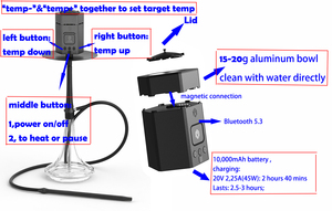 Chicha sans charbon pour chambre d'hôtel, chicha électrique portable de voyage, dispositif de fumage sûr en intérieur, chicha à chaleur instantanée pour le camping - Product Image 2