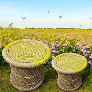 New Boho Pouffe Bone Inlay Console Natural Bamboo Ottoman Wicker Set Handwoven Multipurpose Patio Furniture for School - Product Image 2