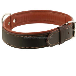 Collar de perro de cuero auténtico negro con acolchado tostado de calidad superior para mascotas pequeñas o grandes, herrajes metálicos con costuras de borde en contraste - Product Image 2