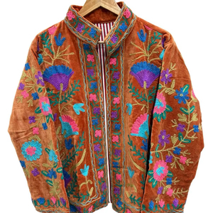 Chaqueta Informal de Invierno para Mujer, Hecha a Mano en India, de Terciopelo Marrón con Bordado Suzani, Transpirable, Ecológica, Abertura Frontal, Regalo para Damas de Honor - Product Image 1
