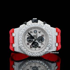 นาฬิกาโครโนกราฟเพชรโมอิสซาไนต์แบบ Iced Out สำหรับผู้ชาย ตัวเรือนสแตนเลส สายซิลิโคนสีแดง หน้าปัดทรงกลม นาฬิกาแฟชั่นอัจฉริยะสำหรับทุกวัน - Product Image 1