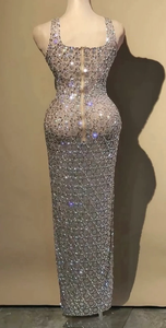 Robe de soirée pleine longueur pour femme élégante Robe de cocktail respirante en poly maille brodée de perles sans manches pour les fêtes - Product Image 2