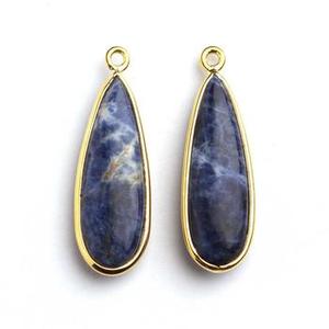 Meilleure qualité 10x25mm longue forme de goutte d'eau véritable bleu Sodalite plaqué or en argent Sterling breloque connecteur pendentif cadeau - Product Image 3