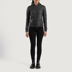 Veste à capuche en cuir anthracite pour femme, fermeture éclair sur le devant, vêtement d'extérieur décontracté, style motard ajusté pour femme, hiver automne - Product Image 6