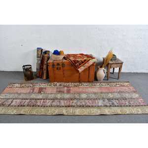 Vintage 3.1x8.9 ft Turkish Rug <b>Runner</b> Style Brown <b>Red</b> Patchwork Wool Rug with Latex Backing Eco-Friendly - Product Image 2