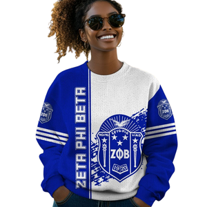 ZPhiB Sorority Letter Casual Front Design Sweater 1920 Zeta Phi Beta Knit Blue <b>White</b> Chenille Patch Greek Life Premium <b>Top</b> - Product Image 5