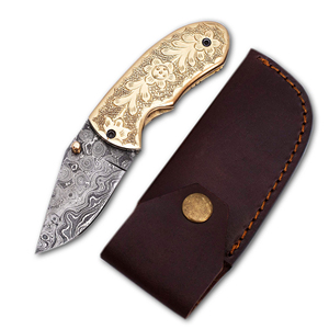 Couteau de poche pliant en acier damas fait à la main manche en bois bleu bricolage OEM tactique Camping outil de chasse cuir haute durabilité - Product Image 1