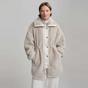 Warm High-Neck Grey <b>Sherpa</b> Jacket with Snap Buttons Stylish and Cozy Fleece Outerwear for Winter - Product Image 3
