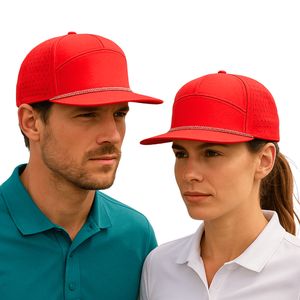 Broderie personnalisée 7 panneaux en polyester rouge à bord plat Casquettes Gorras imperméables avec trou découpé au laser Chapeaux avec logo personnalisé - Product Image 1