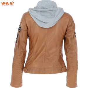 Veste de motard en cuir beige véritable pour femmes élégantes coupe ajustée capuche amovible fermeture éclair avant à la mode course teint uni respirant - Product Image 6
