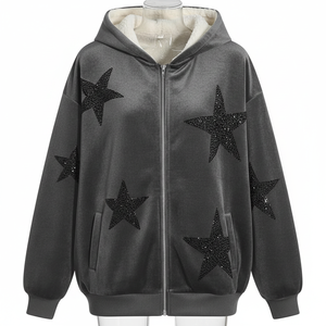 Sudadera con capucha unisex personalizada con cremallera completa, bordado de pedrería, transpirable, estilo urbano, para invierno, Halloween, color liso, 100% algodón, holgada - Product Image 4