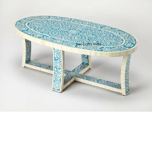 โต๊ะรับประทานอาหารรูปไข่โต๊ะทำจากไม้ฝังกระดูกโต๊ะกาแฟแบบฝังก้างปลาแบบอินเดีย - Product Image 1