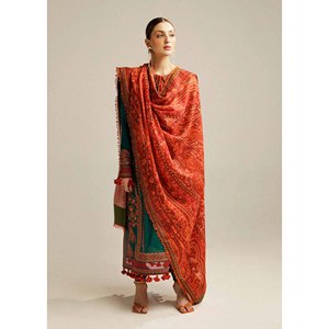 Conjunto de 3 Piezas de Tela Satén HUSSAIN REHAR, Camisa Bordada Dhanak, Chal Estampado Courtrai, Pantalones - Product Image 3