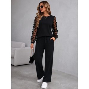 Ensemble deux pièces pour femme, chemisier à manches longues en viscose à deux fils et pantalon, col rond, manches en tulle, 37428 - Noir - Product Image 1