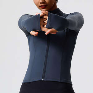 Chaqueta de yoga personalizada OEM para mujer, Top deportivo de manga larga con cremallera y agujeros para los pulgares, diseño transpirable y sin costuras con cremallera completa - Product Image 1