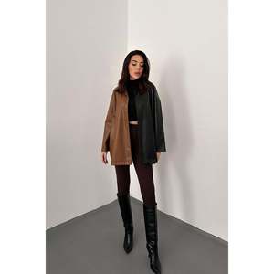 Black Trimmed Snap-Button Leather <b>Shirt</b> - Black - Product Image 2