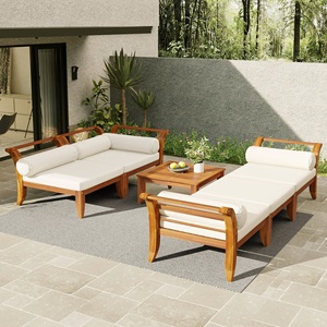 Ensemble de canapé d'extérieur moderne en bois d'acacia, 6 pièces, en forme de L, modulaire, avec coussins imperméables, convertible en lit de jour et table à thé - Product Image 2