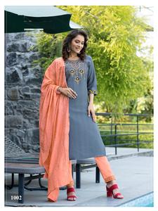 Ensemble Kurti et Dupatta pour femme, multicolore, en tissu slub fantaisie brodé, style chandelier, prêt-à-porter, vêtements indiens et pakistanais - Product Image 4