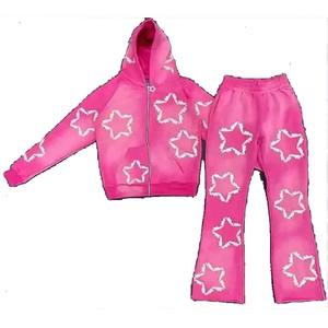 Custom Puff Printing Logo Hoodies Two <b>Pics</b> Set Sportswear <b>100</b>% Cotton Pullover Long Sleeve Tracksuit For Men - Product Image 4