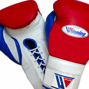 ถุงมือชกมวยแบบผูกเชือก Winning สีแดง ขาว น้ำเงิน หนังแท้คุณภาพพรีเมียม สำหรับฝึกซ้อมและแข่งขันมวย ขนาด 8oz 10oz 12oz - Product Image 2
