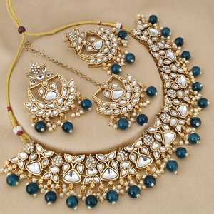 สร้อยคอทองเหลืองคุณภาพพรีเมียมประดับเพชรคันดัน พร้อมต่างหูและมงกุฎสำหรับผู้หญิง เหมาะสำหรับงานแต่งงานและโอกาสพิเศษ - Product Image 5