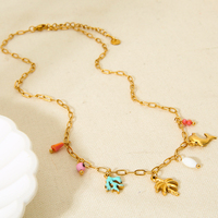 Vente en gros Collier pour femme en acier inoxydable plaqué or 18 carats émail corail palmier dauphin pierres dauphin
