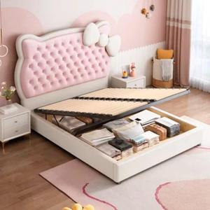 Современная роскошная детская кровать для девочек, двуспальная кровать-трансформер с обивкой из кожи наппа и газовым подъемным механизмом для хранения, мебель для спальни - Product Image 2