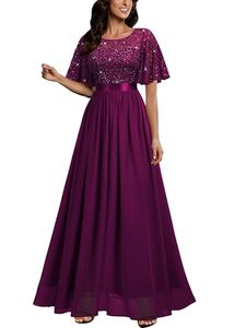 Vestido de noche morado de lentejuelas y encaje para mujer, con mangas con volantes, cintura imperio, de gasa fluida, corte A, largo hasta el suelo, para la madre de la novia o fiesta de graduación. - Product Image 1