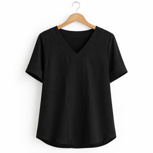 Camiseta Informal de Algodón con Cuello en V Negra para Uso Diario, Manga Corta Enrollada, Camisetas Informales con Cuello en V para Chicas - Product Image 1