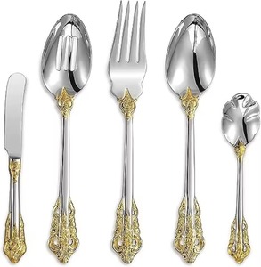 Couverts en acier inoxydable plaqués couleur argent de qualité supérieure lot de 5 couverts fourchette cuillère couteau lavables au lave-vaisselle - Product Image 1