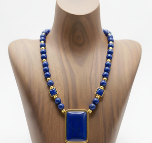 Collier pour femme en argent tibétain de 18 pouces plaqué or 24 carats avec perles de lapis-lazuli nouées à la main, design géométrique tendance et perlé - Product Image 3