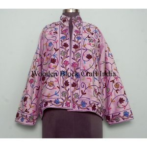 Abrigo Corto Informal de Terciopelo con Bordado Suzani para Mujer, Estilo Bohemio Floral, Moda Urbana, 100% Algodón, Cuello Alto Abierto - Product Image 6
