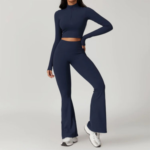 Logo personnalisé 2 pièces ensemble femmes vêtements de gymnastique entraînement barboteuse fermeture éclair manches veste de sport Onesie Yoga costume Gym Fitness ensembles - Product Image 3