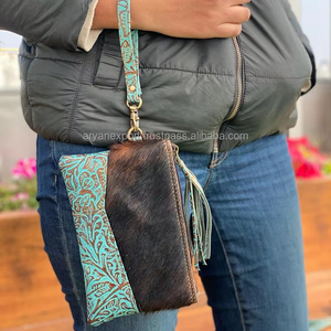 Real Cowhide Leather Wristlet Clutch <b>Purse</b> Pouch Brown Wallet Carving Tooled Western Patches Hair on Hide Fur Leather Clutch - Product Image 2