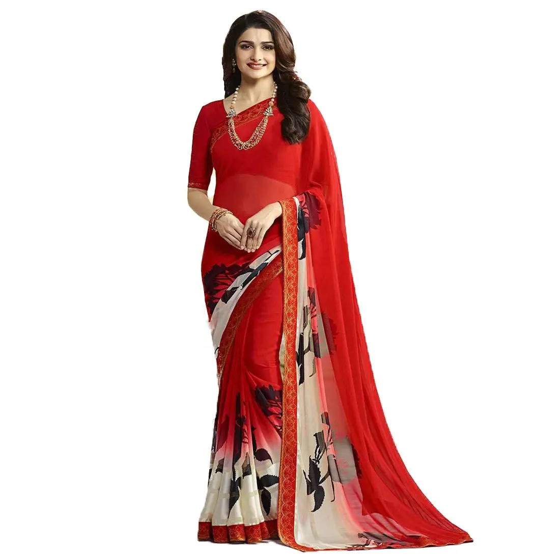 Indischer und pakistanischer Stil feiner blumendruck Georgette Sari mit Bluse-Stücke für Freizeit- und Alltagsbekleidung Saree für Damen