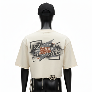 Camiseta Corta de Algodón Francés de Alta Calidad para Mujer, 240 GSM, Dobladillo Deshilachado, Logotipo Estampado, Camiseta para Mujer - Product Image 2