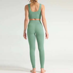 Logo personnalisé pour femmes voir vert 2 pièces Yoga ensemble solide motif Fitness Gym vêtements de sport en gros entraînement mode vêtements Yoga ensembles - Product Image 2