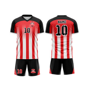Conjunto de uniforme de fútbol impreso sublimado de diseño personalizado OEM, tela transpirable de poliéster 100% de alta calidad, parte superior incluida para todas las estaciones - Product Image 2
